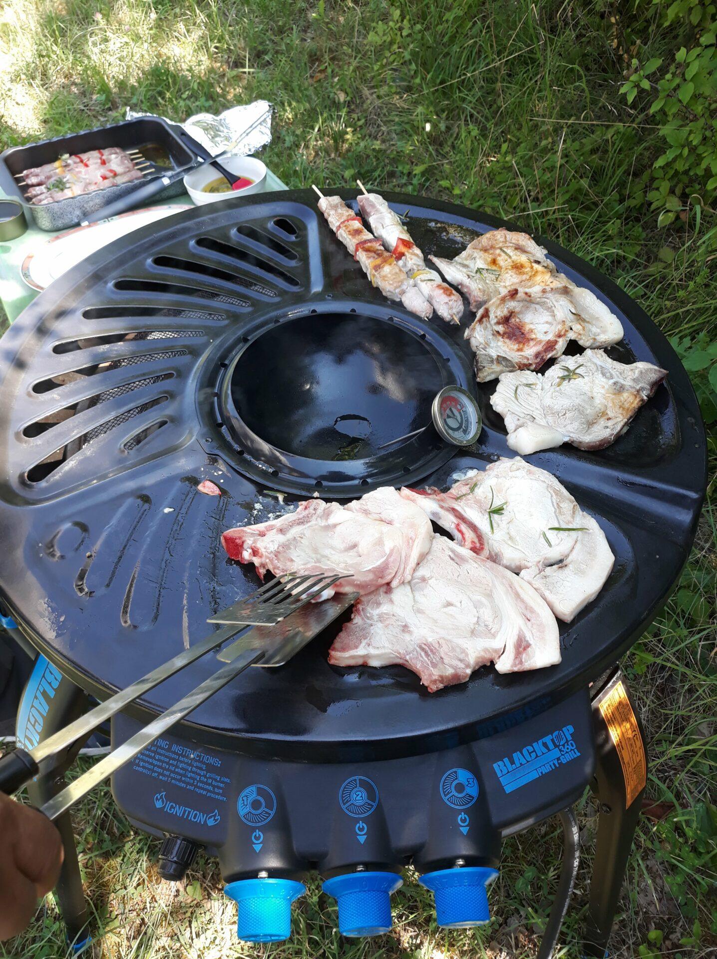 Dettaglio ravvicinato della griglia rotonda accesa con bistecche e spiedini in cottura, fornita per gli ospiti a Tolasudolsa.